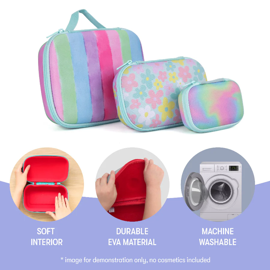 Set of colorful toiletry bags with features highlighted on a white background