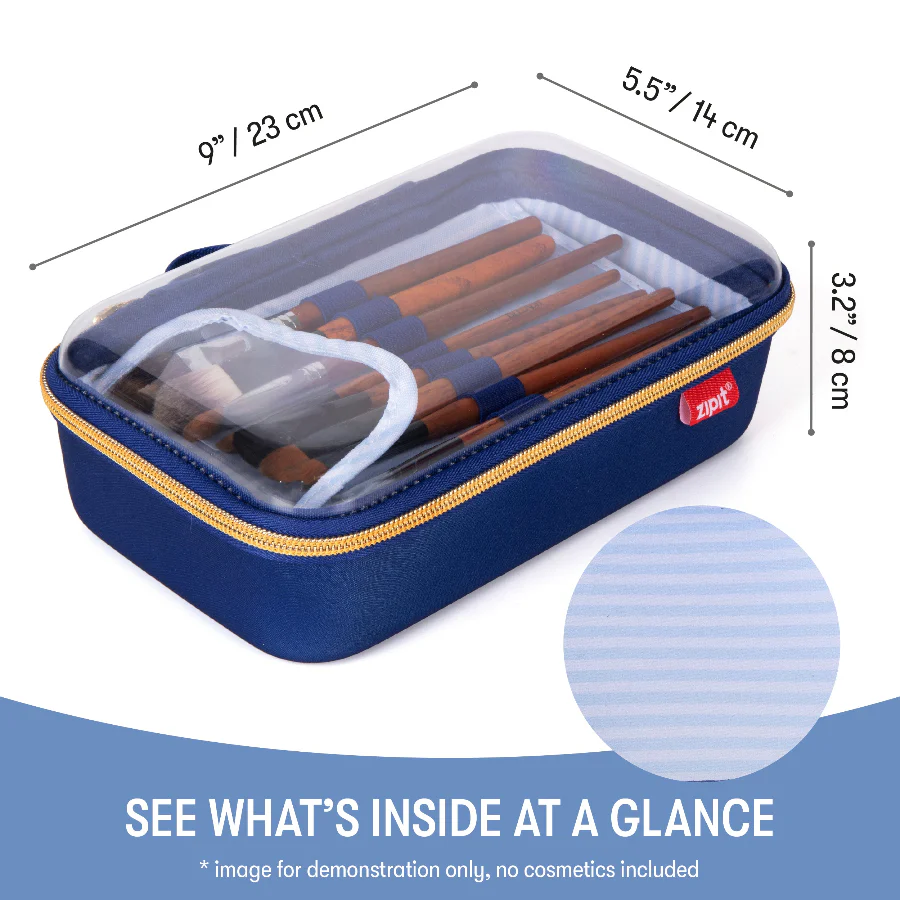 Blue makeup brush case with clear top, dimensions indicated, on a white background