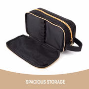 Black toiletry bag with gold zipper on a white background