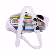 White pencil case with colorful stationery items on a white background