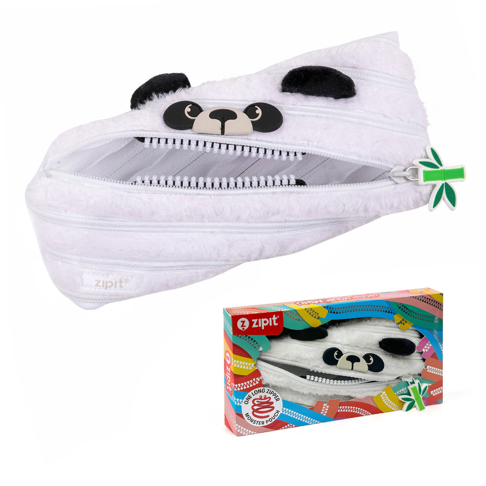 White panda-shaped pouch with a zipper and a colorful box featuring the same design on a white background.