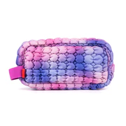 Multicolored textured pouch with a pink strap on a white background