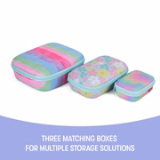 Three matching storage boxes with colorful patterns on a white background