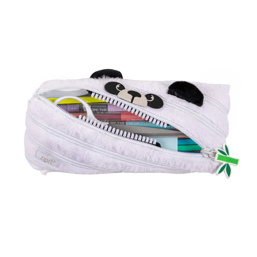 Panda-shaped pencil case with zipper on a white background