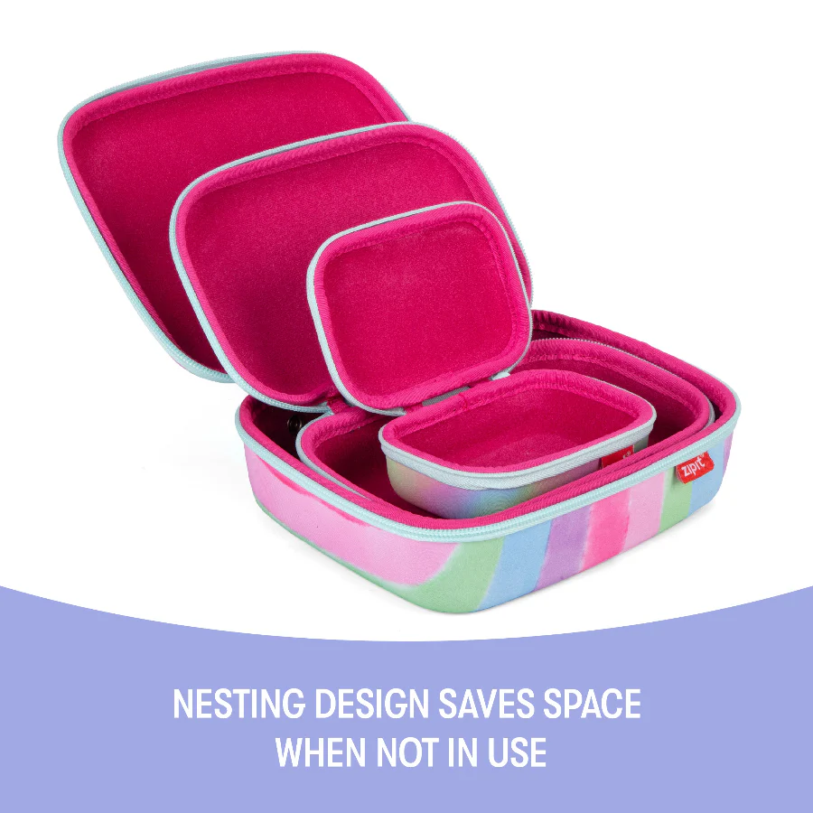 Set of pink nesting containers with a colorful lid on a white background