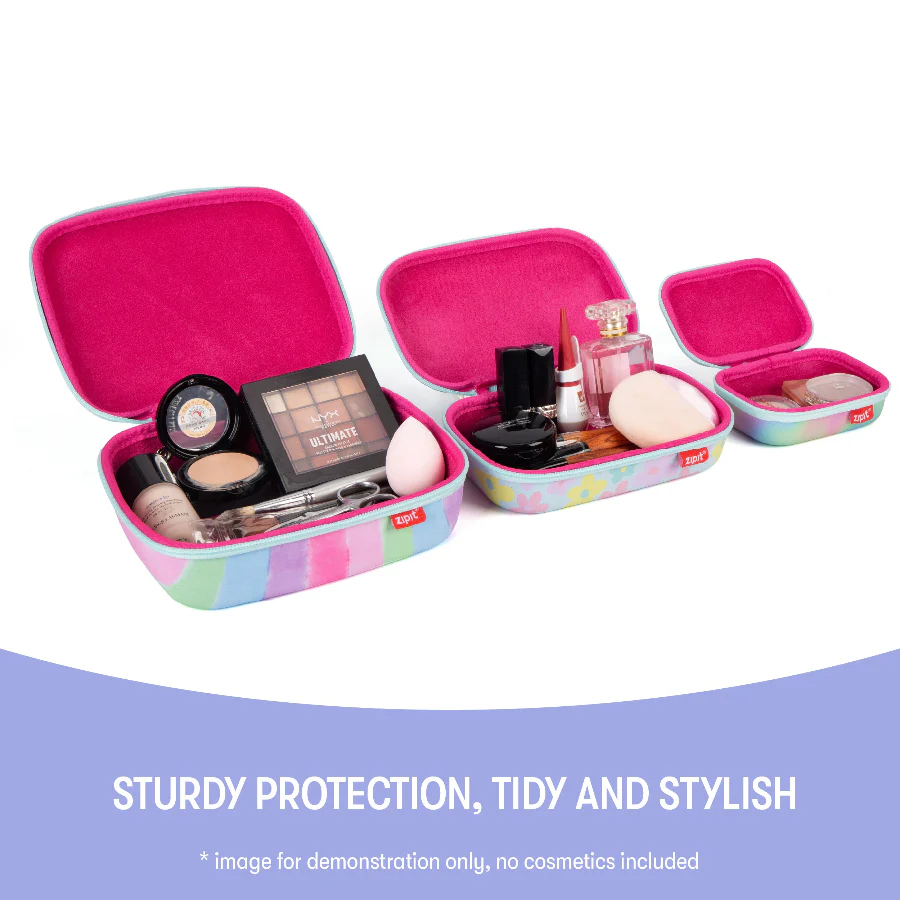 Makeup case with colorful interior and makeup items on a white background