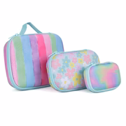 Set of three colorful pouches with floral and striped designs on a white background