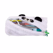 Panda-shaped pencil case with zipper on a white background