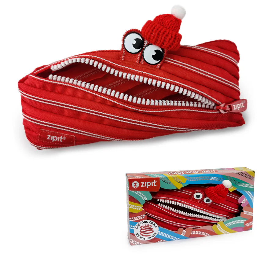 Red zipper pouch with a face design and matching packaging on a white background
