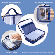 Blue makeup case with carrying handle, brush tips protection, and easy cleaning features on a blue background.