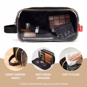 Clear cosmetic bag with makeup items and features highlighted on a beige background