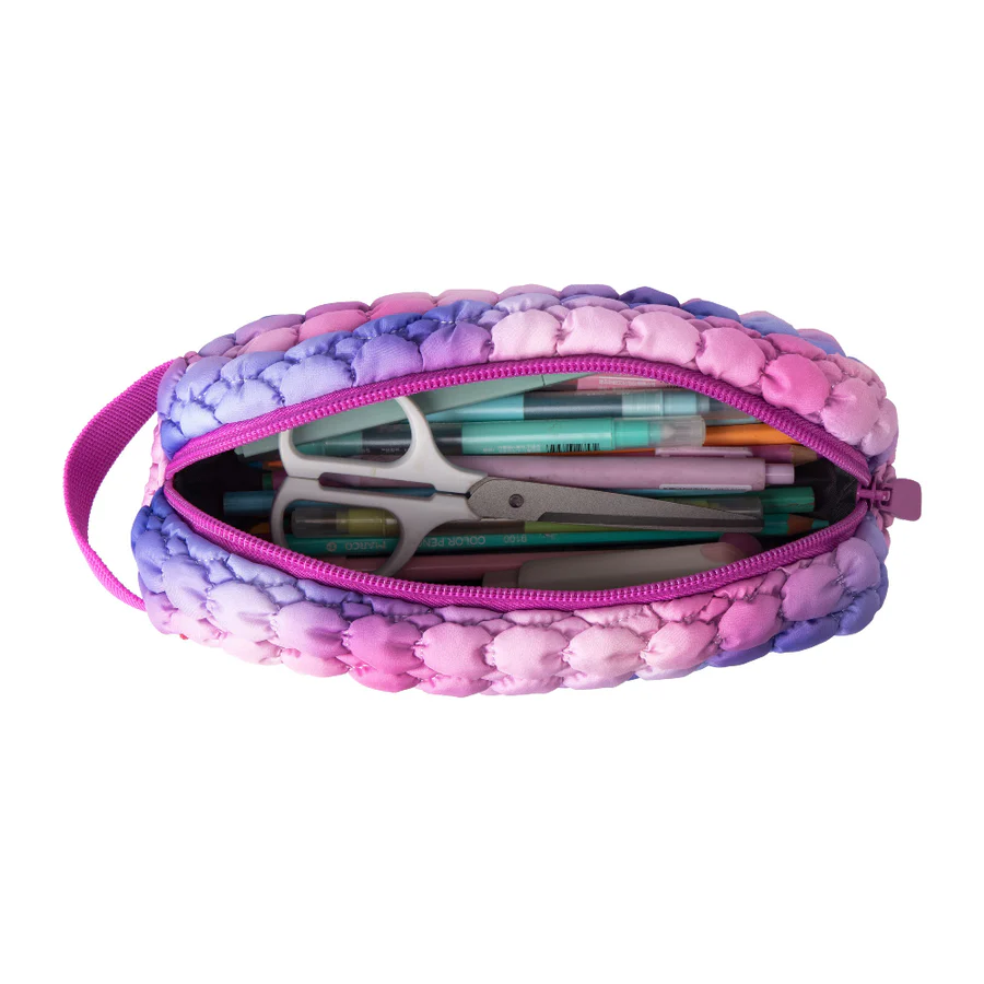 Multicolored pencil case with stationery items on a white background