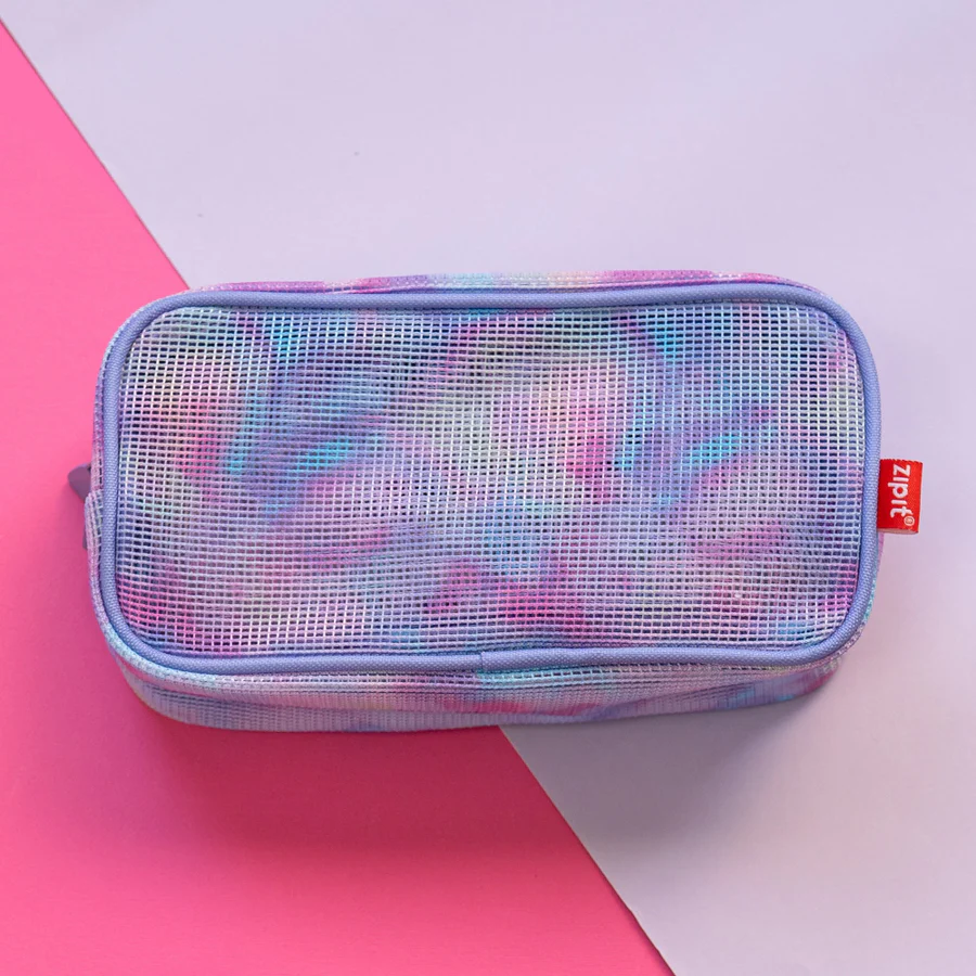 Mesh pencil case with colorful design on a pink and white background
