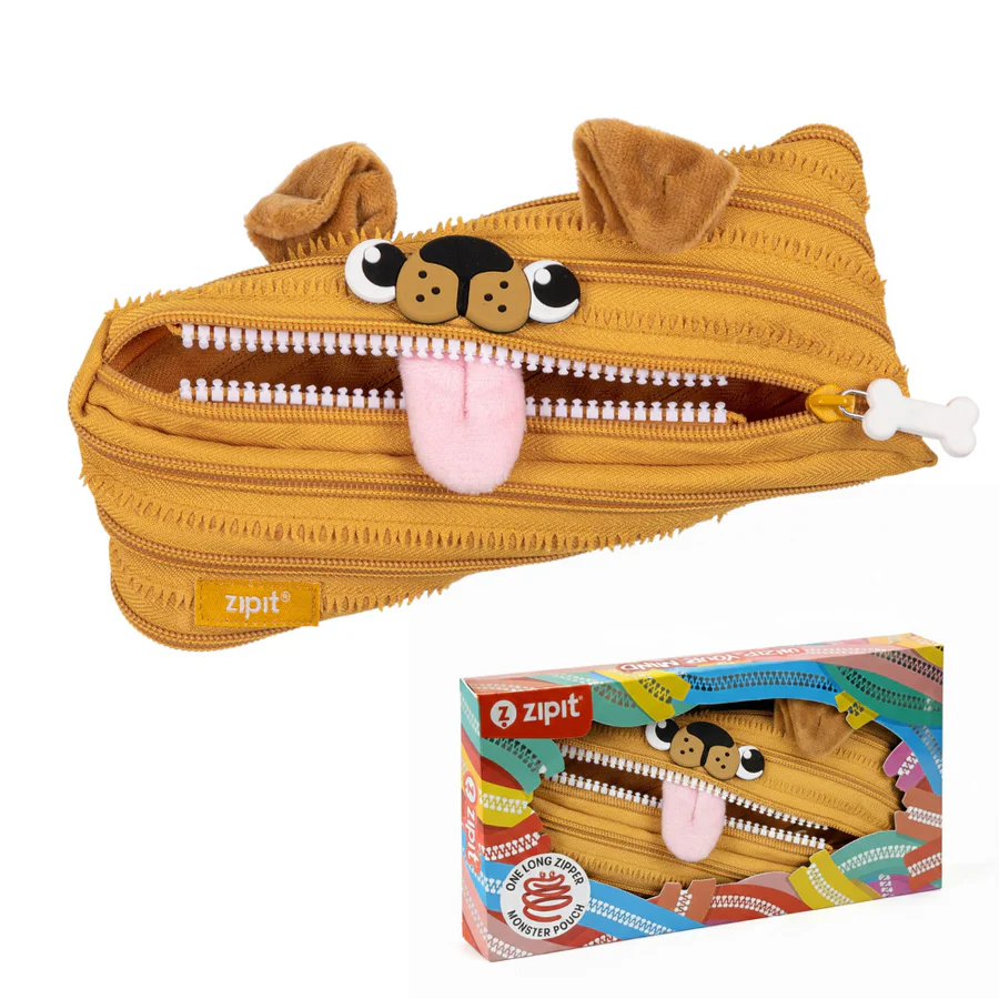 Dog-shaped pencil case with zipper and packaging on a white background