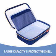 Blue travel case with a mesh pocket on a white background