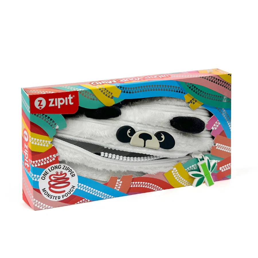 Panda-themed zipper pouch in a colorful box with 'zipit' branding.