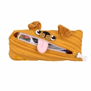 Yellow pencil case shaped like a dog with a zipper, on a white background