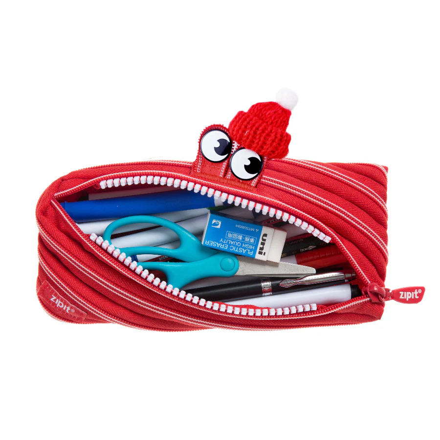 Red zipper pouch with stationery items and a cartoon face on a white background