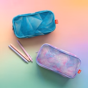 Two mesh pencil cases, one blue and one purple, on a gradient background with pens.
