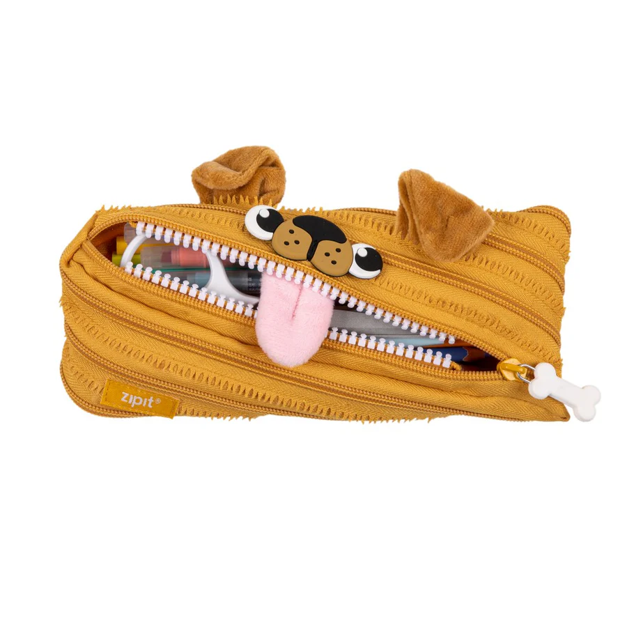 Yellow pencil case shaped like a dog with a zipper, on a white background
