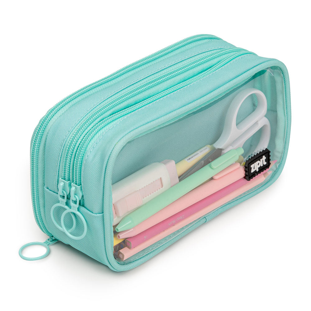 A mint green pencil case with a transparent front, showing pens and a scissors inside, and a zipper closure at the top.
