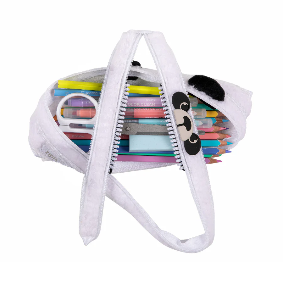 White pencil case with colorful stationery items on a white background