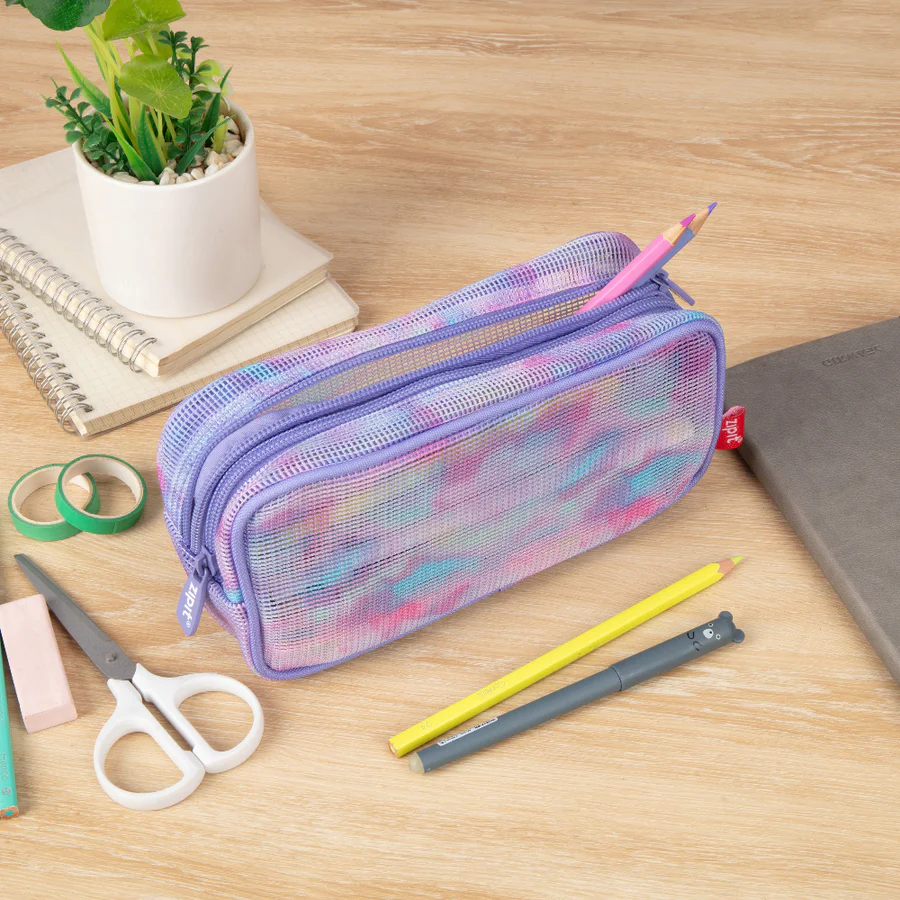 Multicolored mesh pencil case on a wooden surface with stationery items