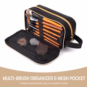Makeup brush set in a black multi-brush organizer with mesh pocket on a white background