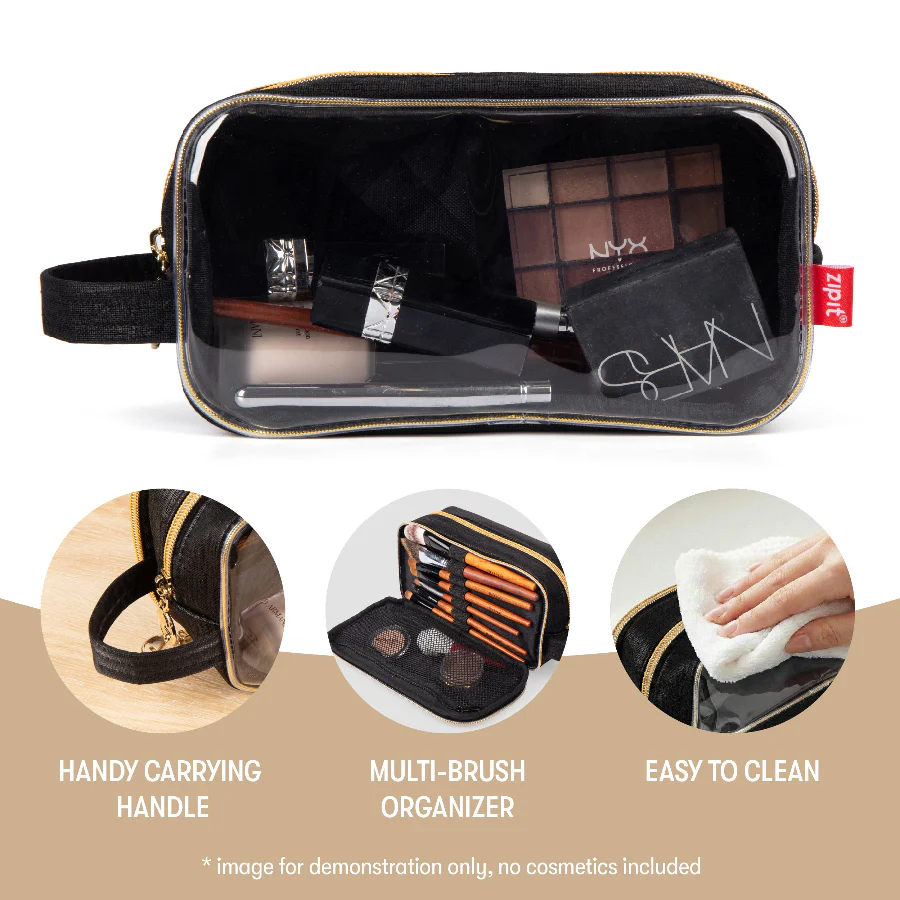 Clear cosmetic bag with makeup items and features highlighted on a beige background