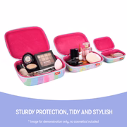 Makeup case with colorful interior and makeup items on a white background