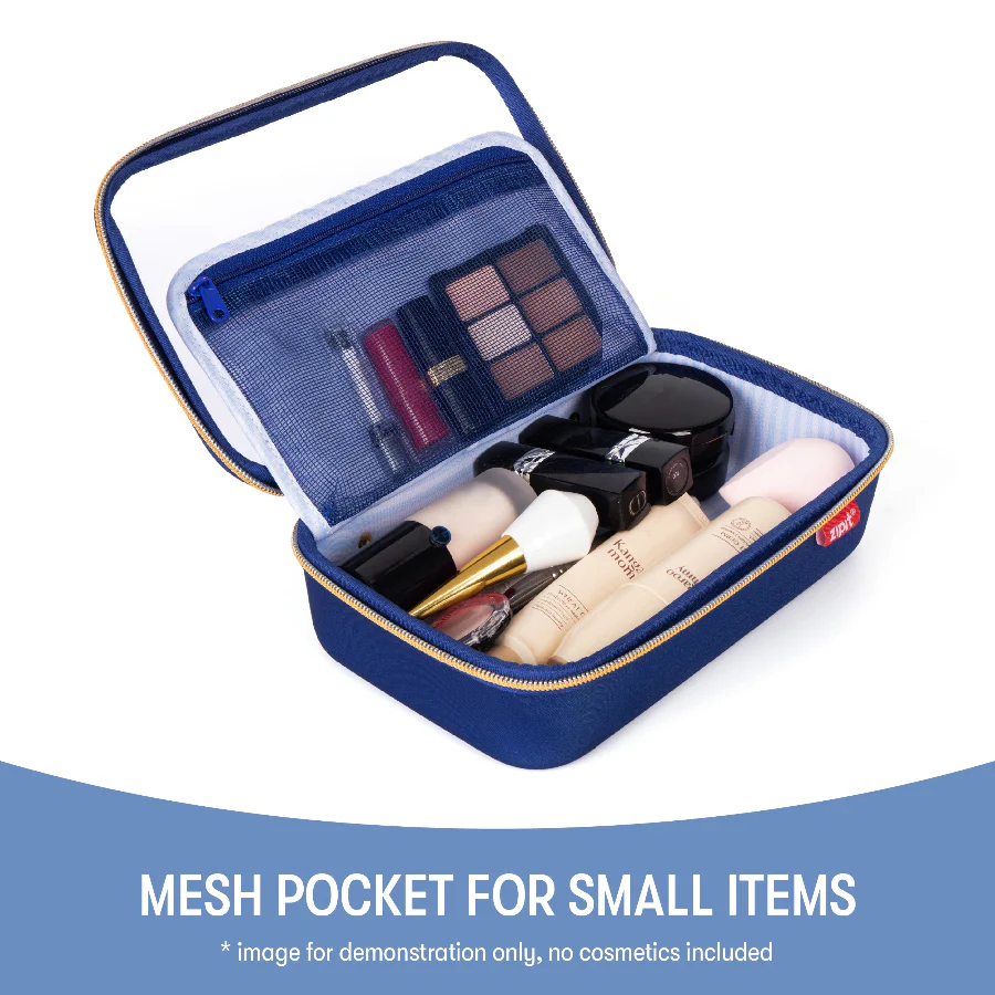 Blue cosmetic bag with makeup items on a white background