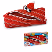 Red zipper pouch with a face design and matching packaging on a white background