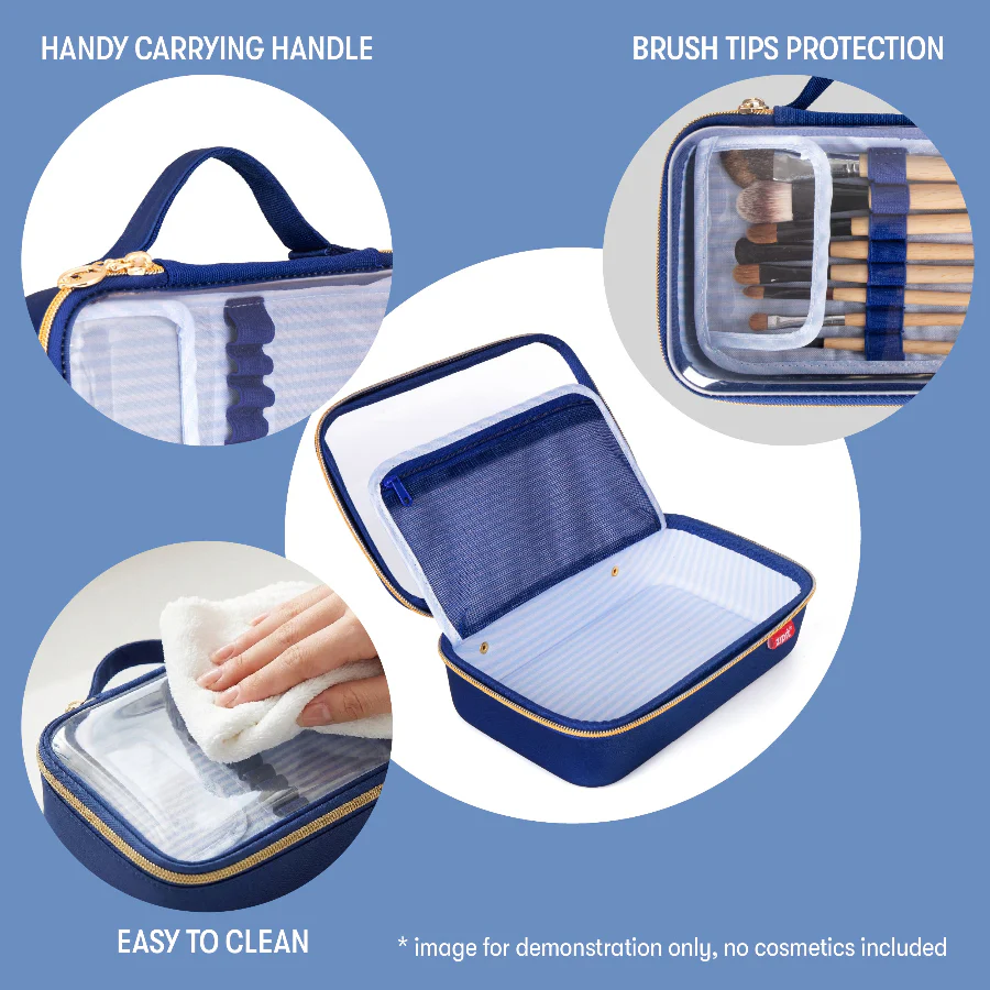 Blue makeup case with carrying handle, brush tips protection, and easy cleaning features on a blue background.