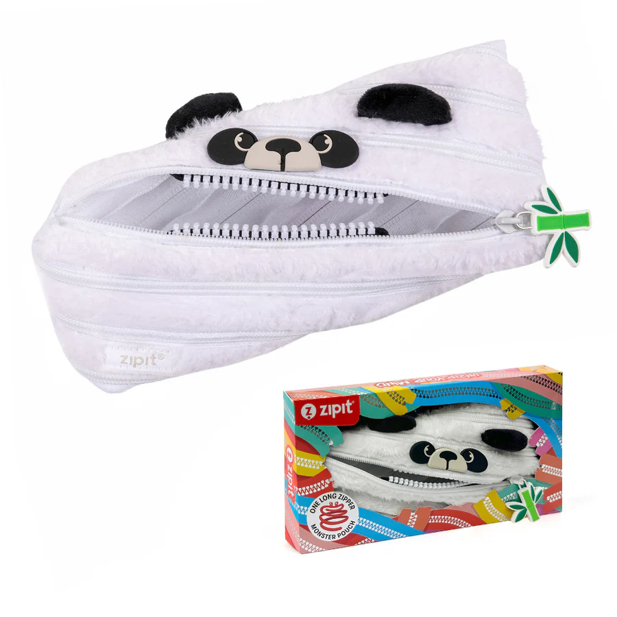 White panda-shaped pouch with a zipper and a colorful box featuring the same design on a white background.
