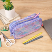 Multicolored mesh pencil case on a wooden surface with stationery items
