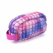 Multicolored textured pouch with a pink zipper on a white background