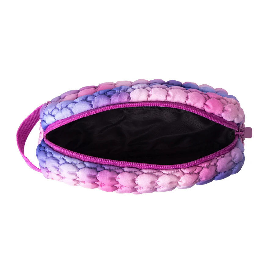 Multicolored pouch with a pink zipper on a white background