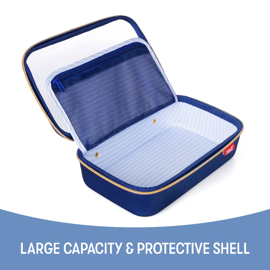 Blue travel case with a mesh pocket on a white background