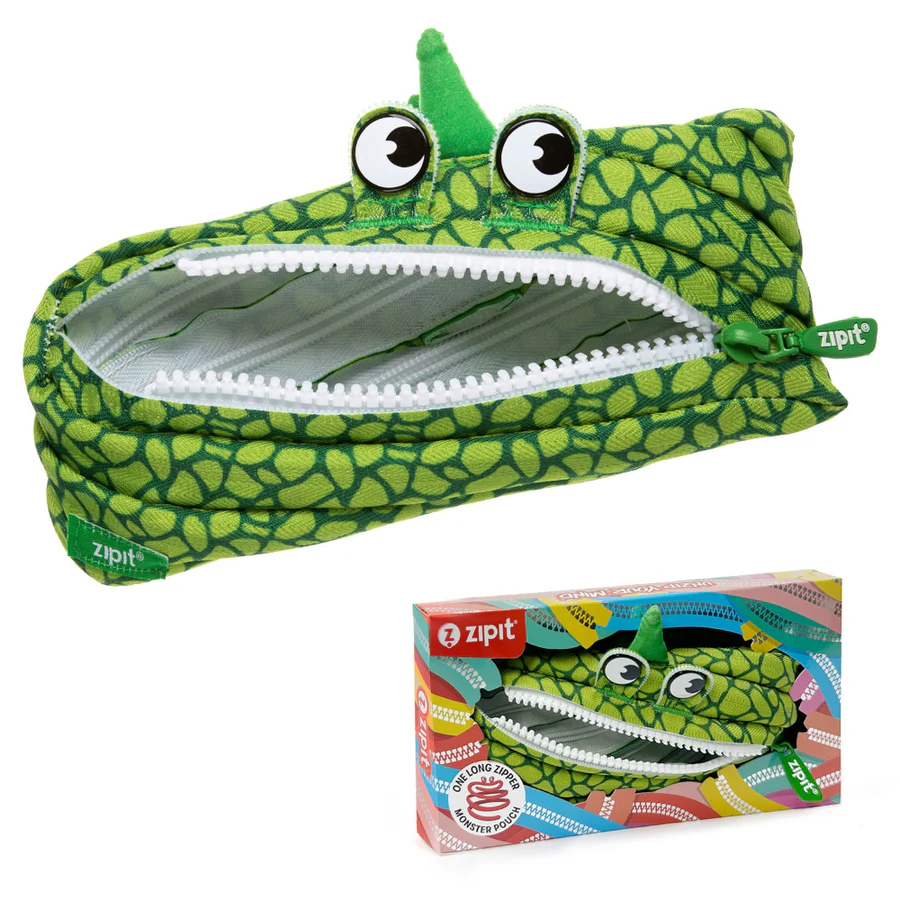 Green dinosaur-shaped pouch with a zipper and matching box on a white background