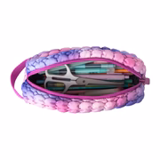 Multicolored pencil case with stationery items on a white background