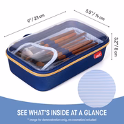 Blue makeup brush case with clear top, dimensions indicated, on a white background