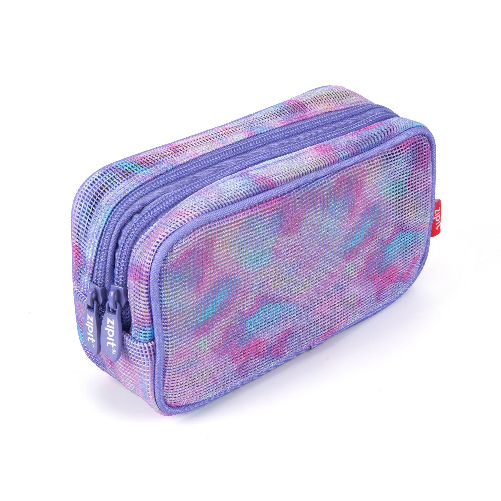 Multicolored mesh pencil case with a zipper on a white background