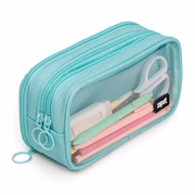 A mint green pencil case with a transparent front, showing pens and a scissors inside, and a zipper closure at the top.
