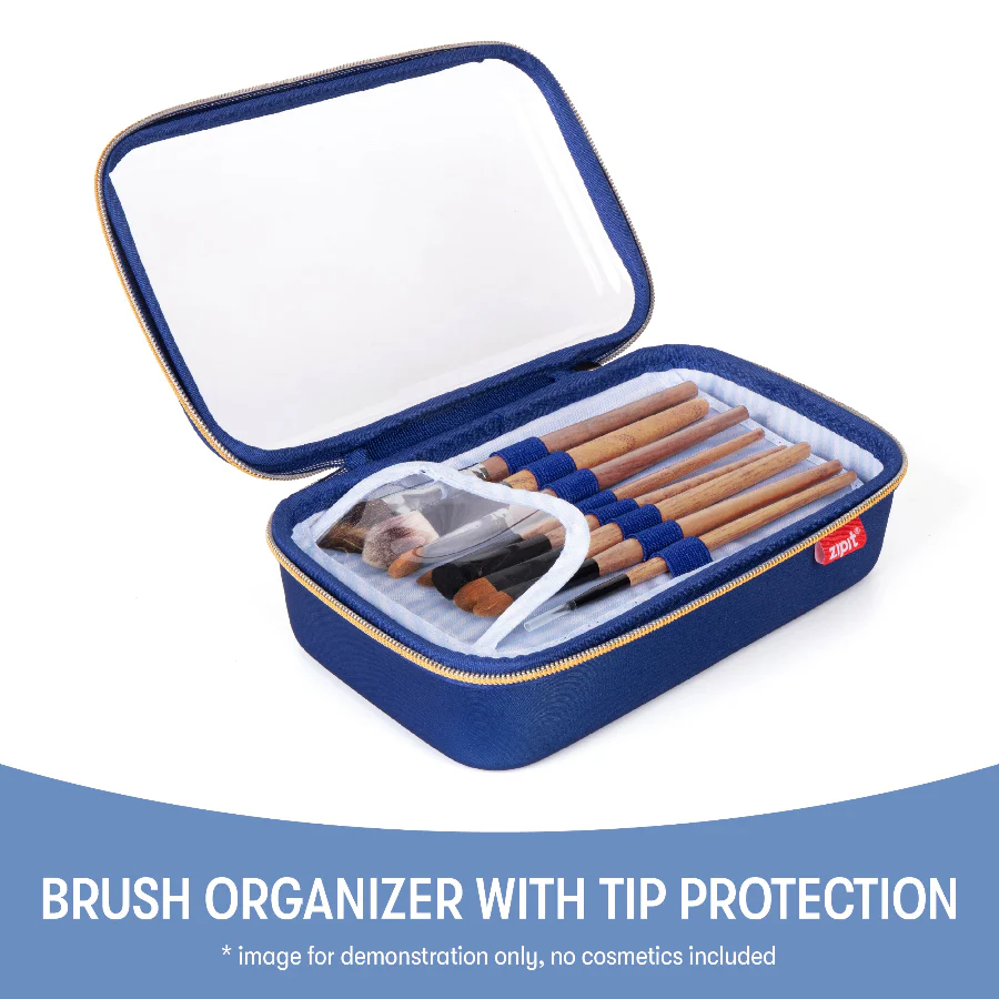 Blue brush organizer with makeup brushes inside on a white background