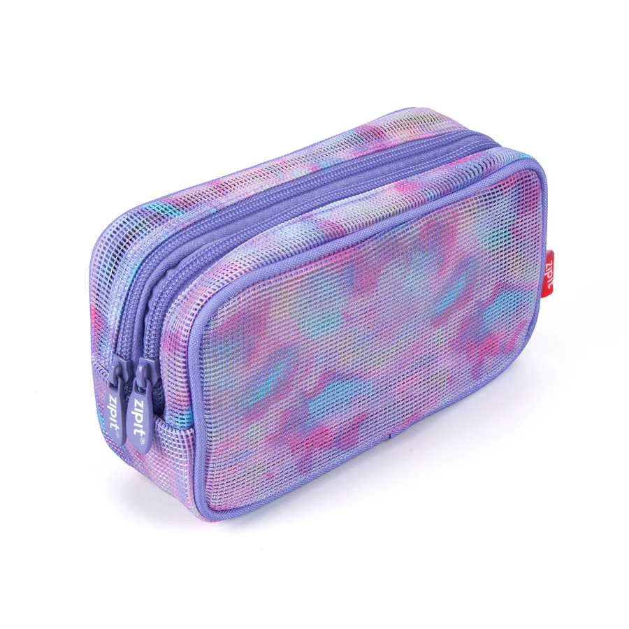 Multicolored mesh pencil case with a zipper on a white background