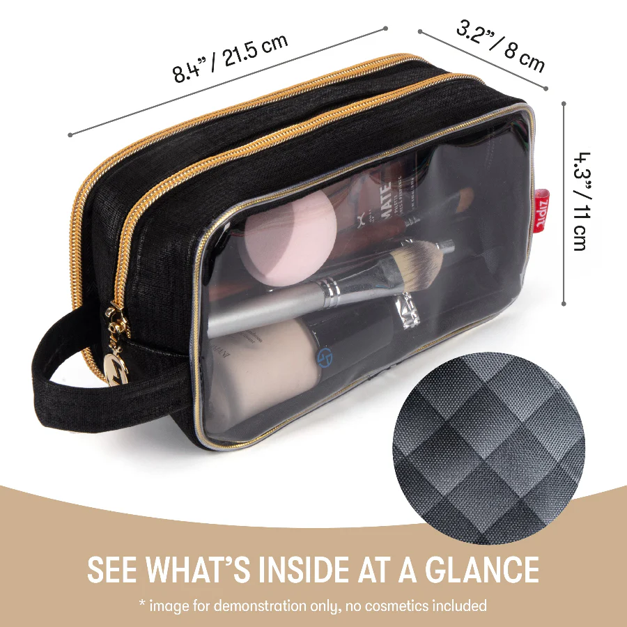 Black cosmetic bag with clear front panel showing makeup items, dimensions indicated, and Levi's logo.