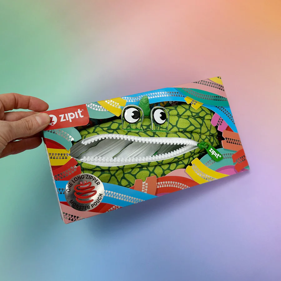 Colorful packaging of a product with a lizard design and 'zipit' branding.