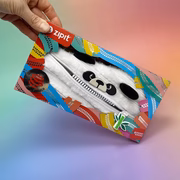 Colorful zipit pouch with panda design held by a hand against a gradient background