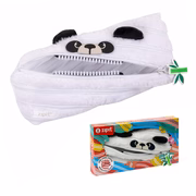 White panda-shaped pouch with a zipper and a colorful box featuring the same design on a white background.