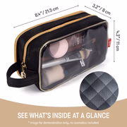Black cosmetic bag with clear front panel showing makeup items, dimensions indicated, and Levi's logo.